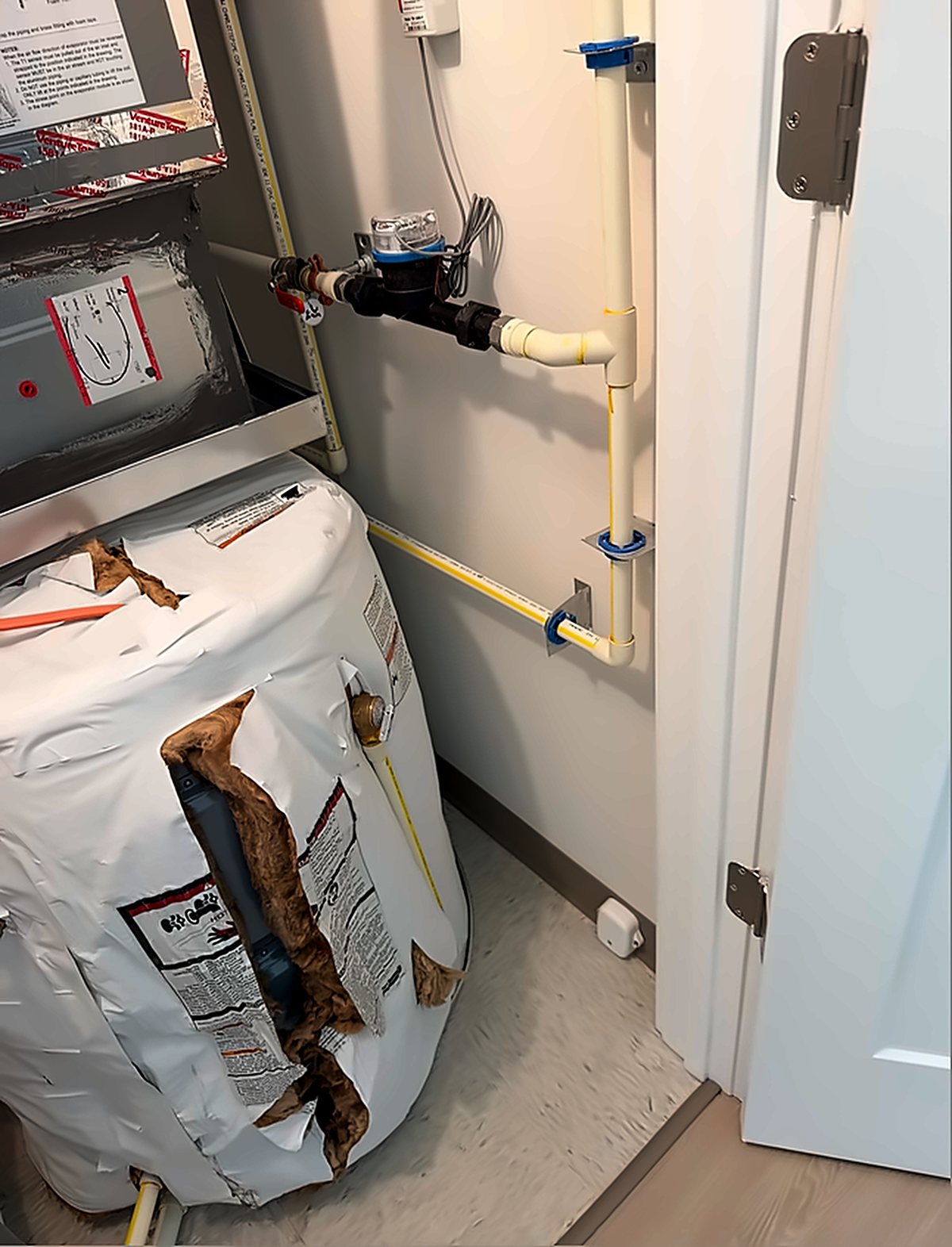 ProdigyLink flood sensor on the floor of a water heater closet
